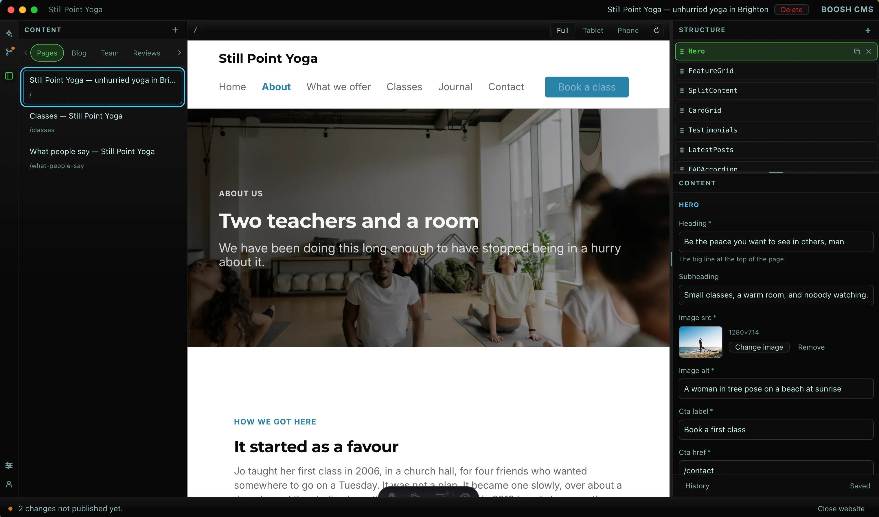 The BooshCMS editor with a live page preview and the block structure panel