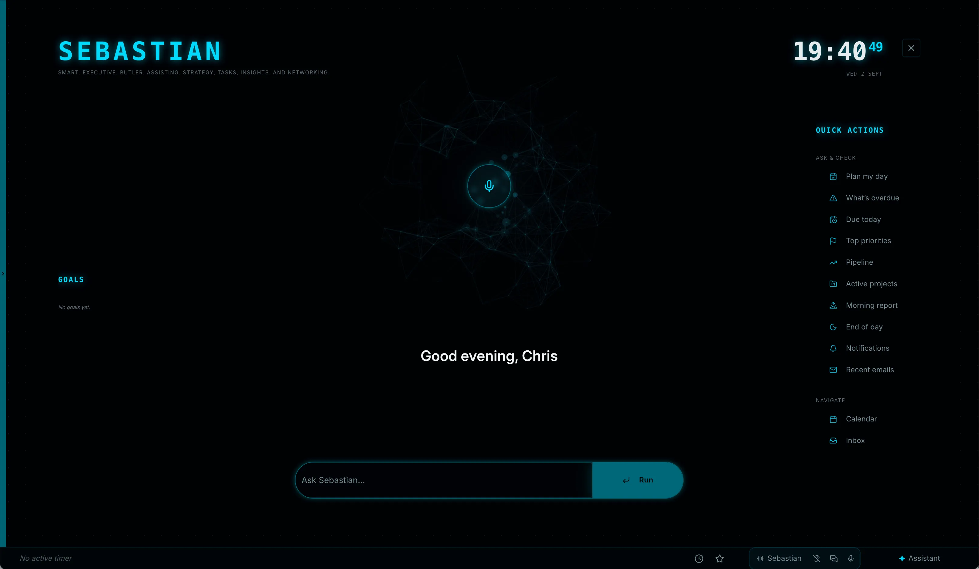 The BooshHUB assistant screen, with quick actions down the right-hand side