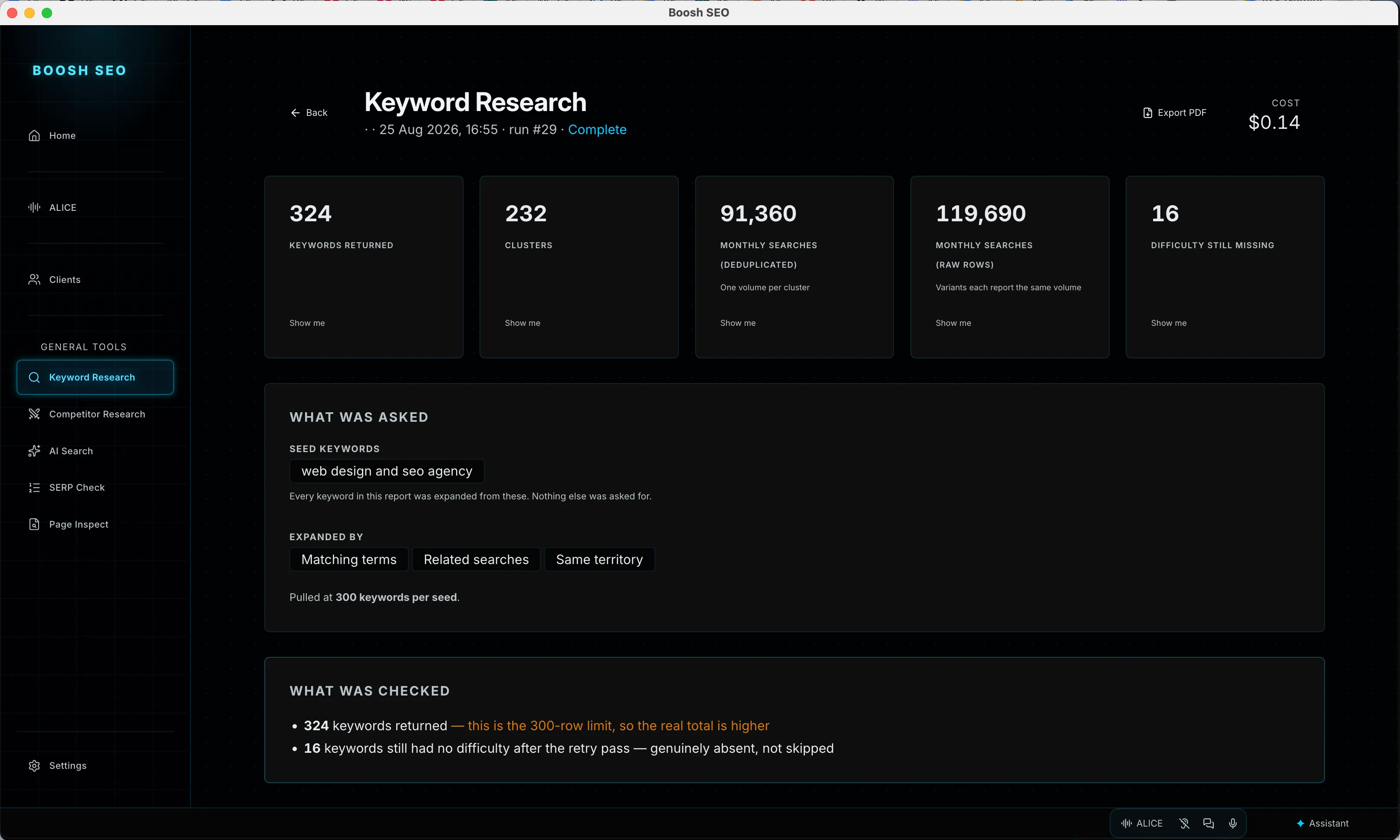 The BooshSEO keywords screen showing tracked terms and positions