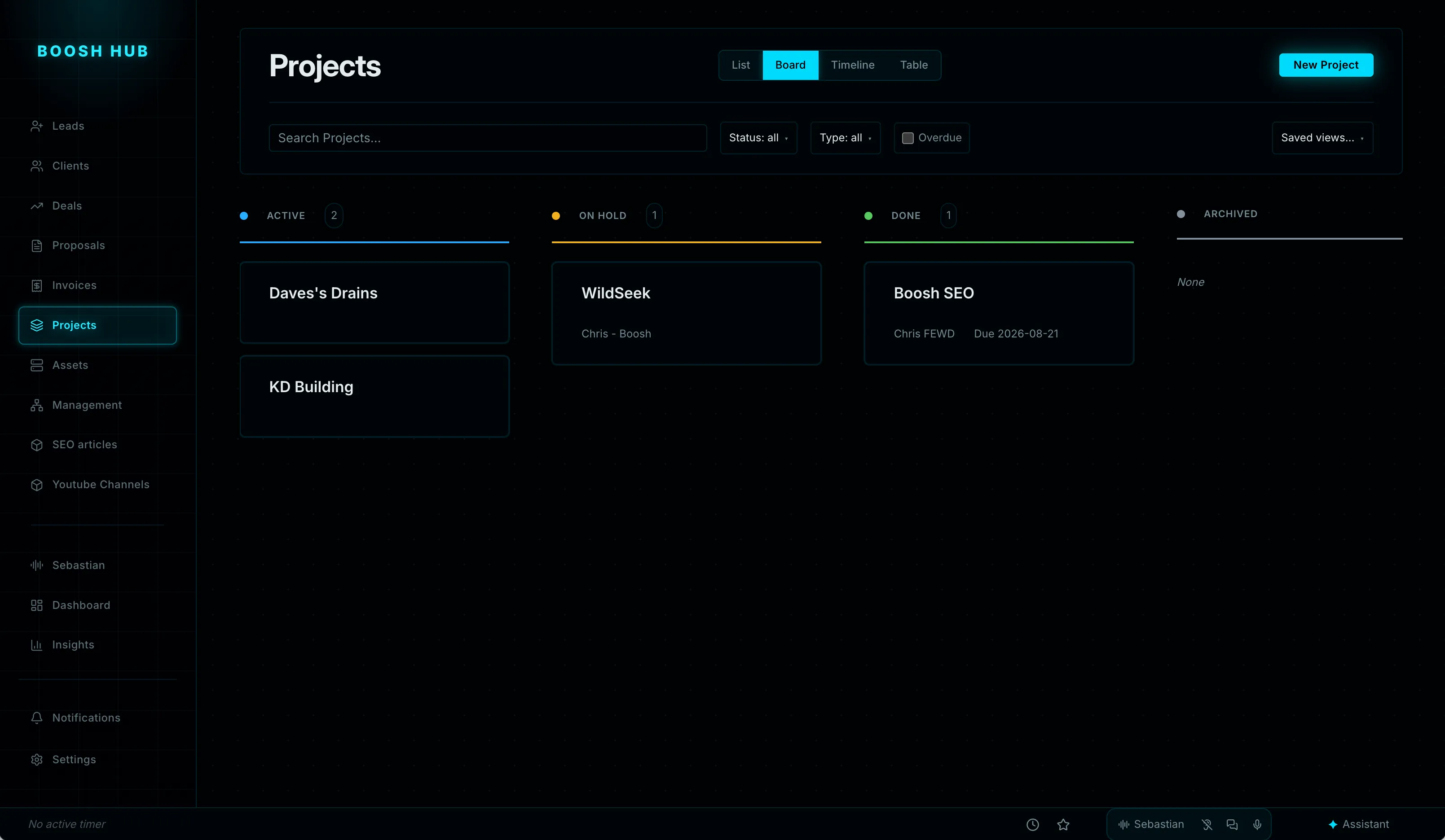 The BooshHUB projects board showing work in progress across several clients
